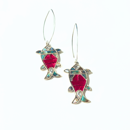 Matsya Leaf Hook Earring (Mother of Pearl + Pink Kundan)